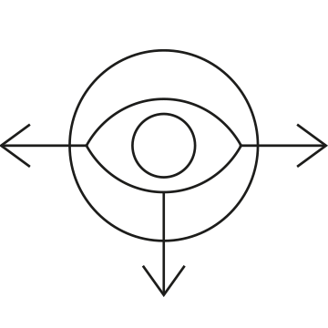 Ikona zobrazujúca oko v kruhu s tromi šípkami – vľavo, dole a vpravo.