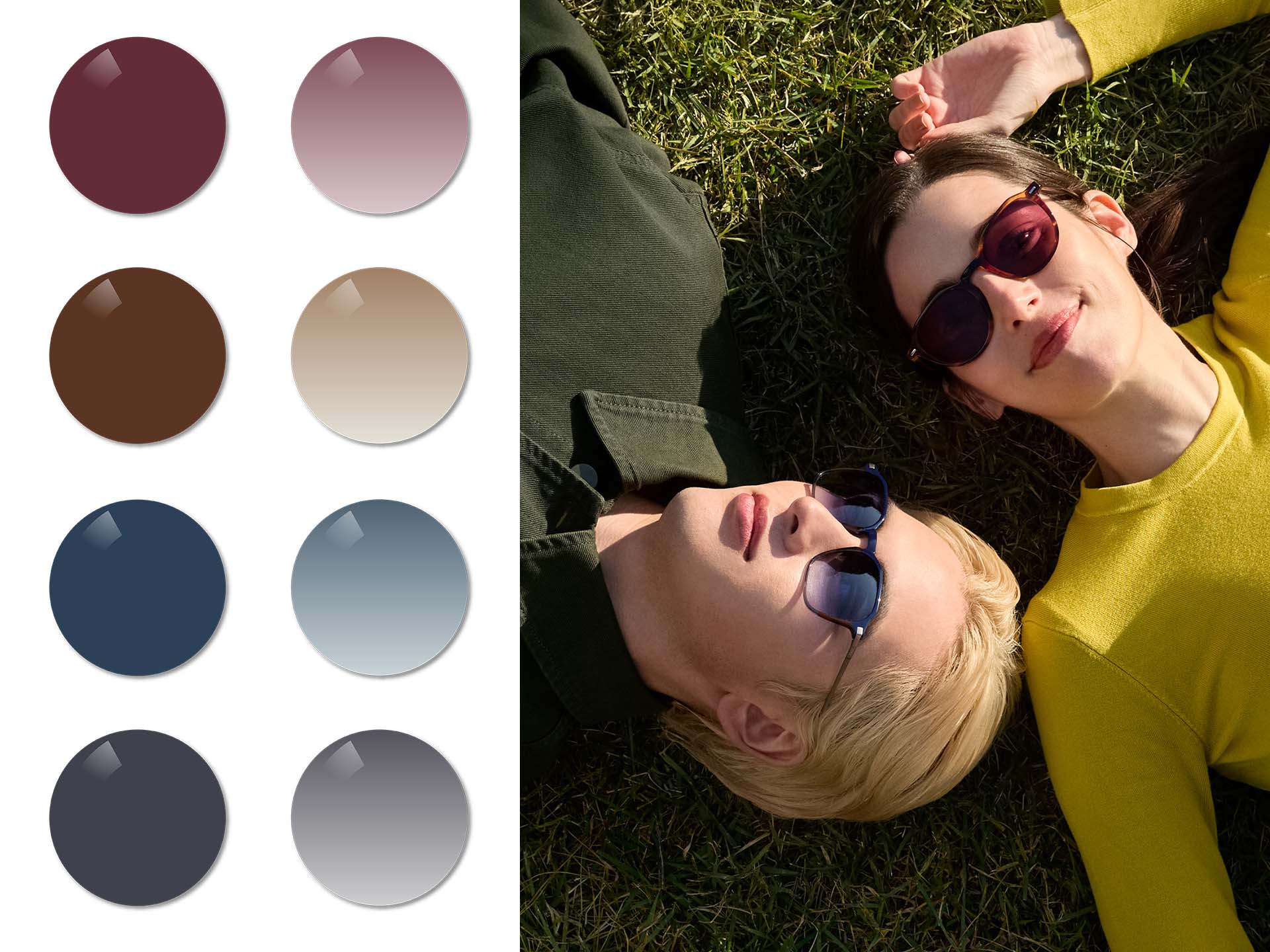 Muž, ktorý nosí šošovky ZEISS Sun Rx v polnočnom modrom priechodnom tóne a žena, ktorá nosí šošovky slnečných okuliarov ZEISS na predpis v pevných odtieňoch burgundskej, ležiaca na tráve. Ďalej sú zobrazené farby Šedý súmrak, Medená hnedá, Burgundy aPolnočná modrá. v pevnom a gradientnom tóne.
