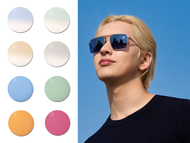 Mladý muž s nasadenými šošovkami ZEISS Sun Rx s modrým pevným tónom. Ďalej je vizualizovaná paleta špecializovaných tónov farieb, ktorá sa pohybuje od pastelových prechodov po silné a farebné pevné tóny.