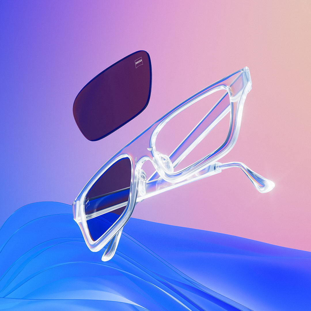3D CGI ilustrácia priehľadného rámu okuliarov s tónovanými šošovkami.