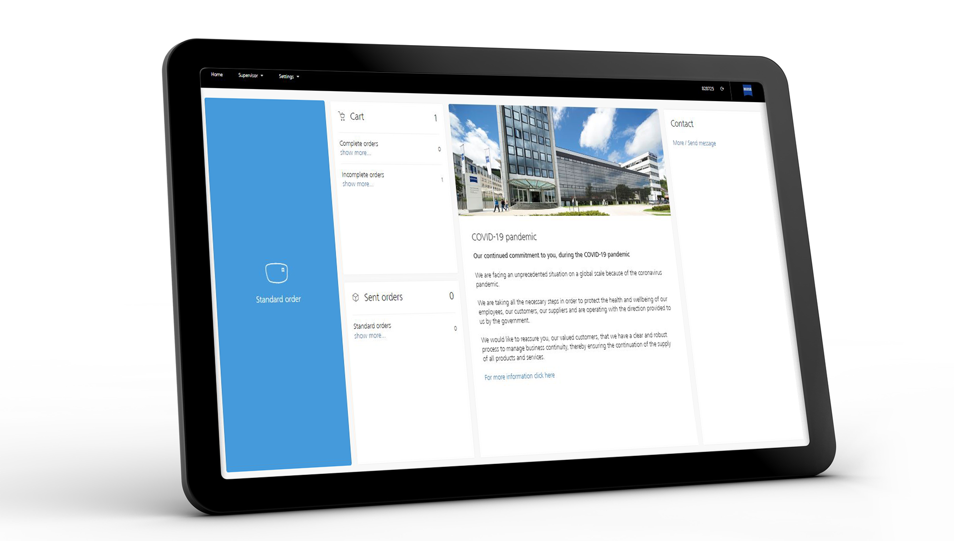 Obrazovka tabletu zobrazujúca rozhranie ZEISS VISUSTORE pre štandardné objednávky 