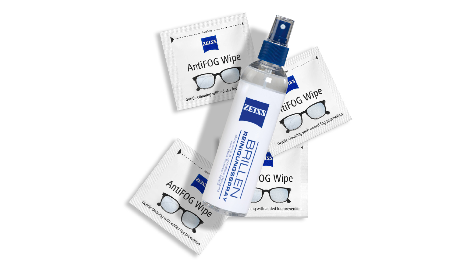 Obrázok ZEISS čistiacich handričiek a spreja na čistenie šošoviek.