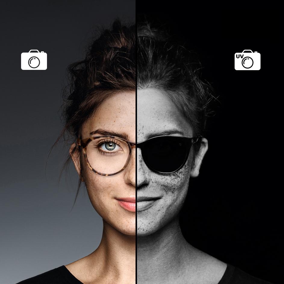 Záber zblízka na ženu v okuliaroch s technológiou ZEISS UVProtect. Polovica obrázka bola nasnímaná obyčajným fotoaparátom a druhá polovica UV fotoaparátom. UV obrázok ukazuje, že číre šošovky ZEISS sú pri blokovaní škodlivých UV lúčov rovnako účinné ako slnečné okuliare.
