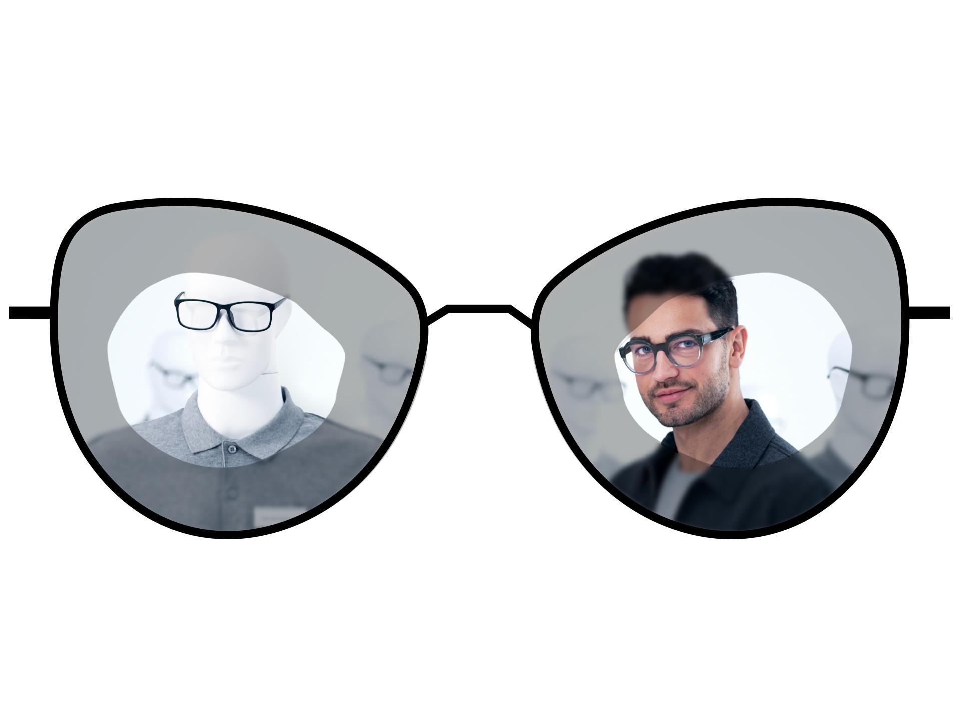 Ilustrácia okuliarov ukazujúca rozmazané zóny štandardných šošoviek Single Vision v porovnaní s veľkými čírymi zónami šošoviek single vision ZEISS ClearView