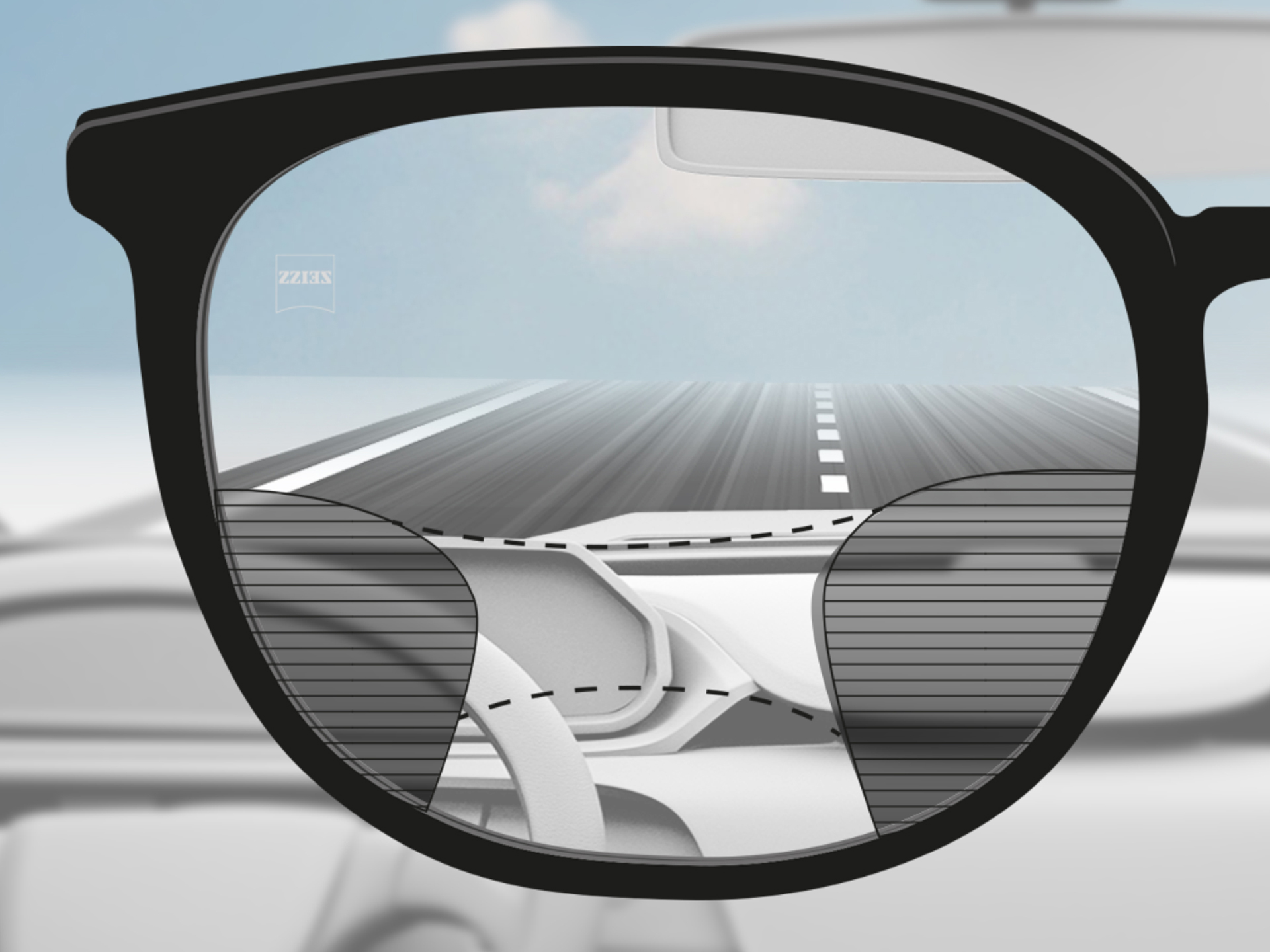 Obrázok zorného uhla pri pohľade cez šošovku ZEISS Progressive DriveSafe: Vizuálne zóny sú prispôsobené tak, aby mal vodič jasné vizuálne zóny na ceste a prístrojovej doske.
