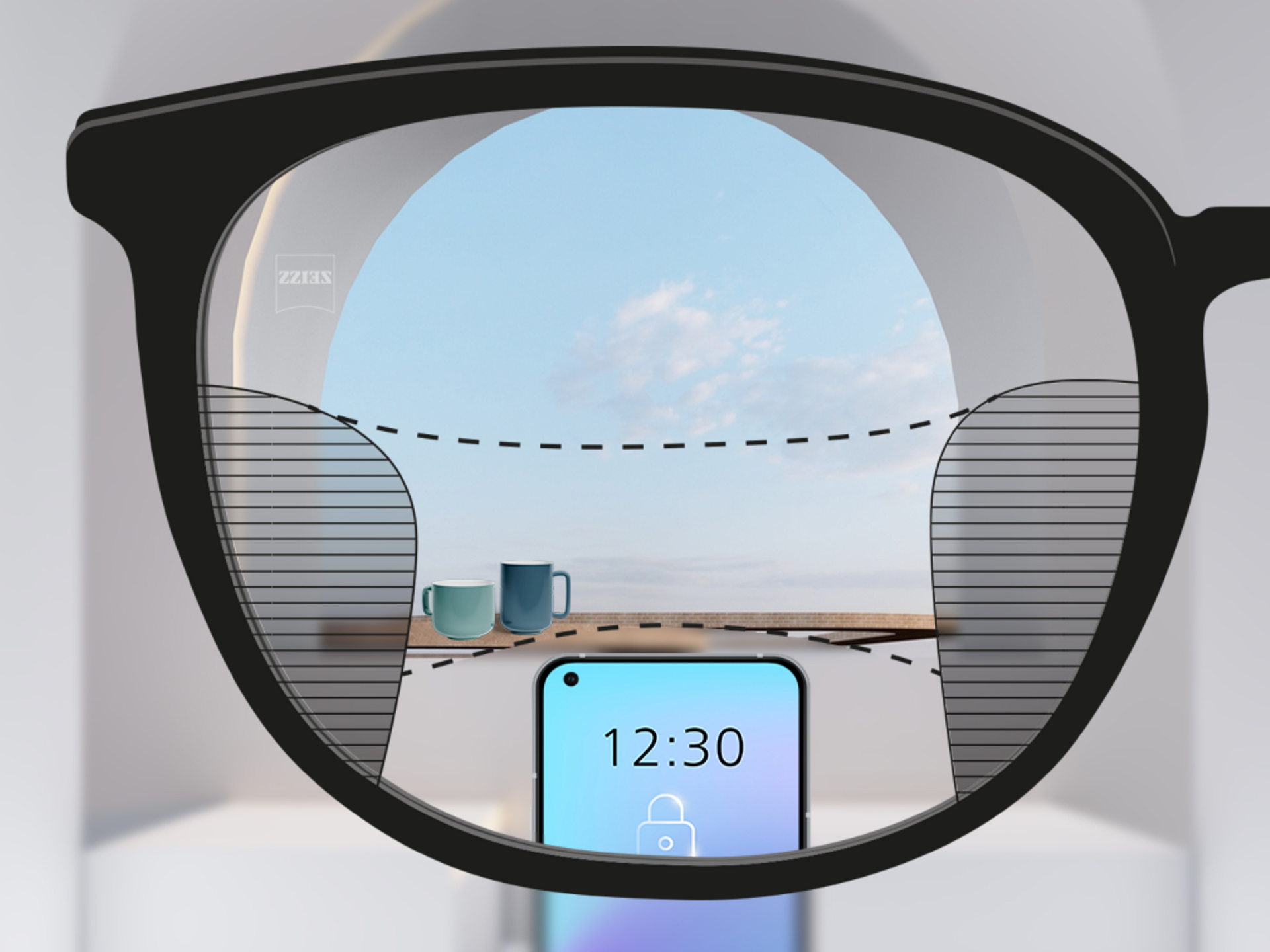 Obrázok zorného uhla pri pohľade cez šošovku ZEISS Progressive SmartLife: Rozmazané zóny vľavo a vpravo na šošovke sú malé a umožňujú veľké jasné vizuálne zóny.