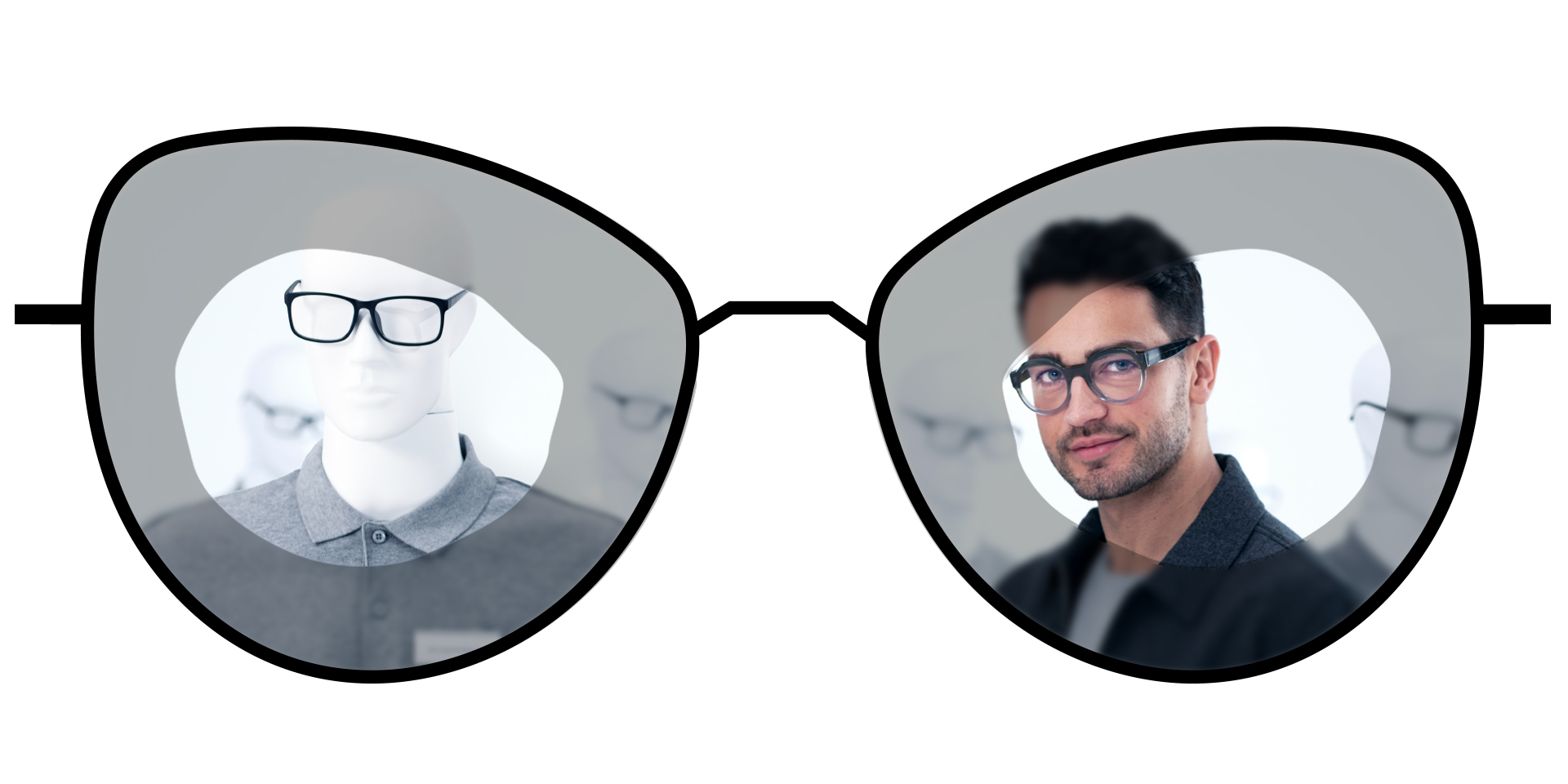 Ilustrácia okuliarov ukazujúca rozmazané zóny štandardných šošoviek single vision v porovnaní s veľkými čírymi zónami šošoviek single vision ZEISS ClearView.