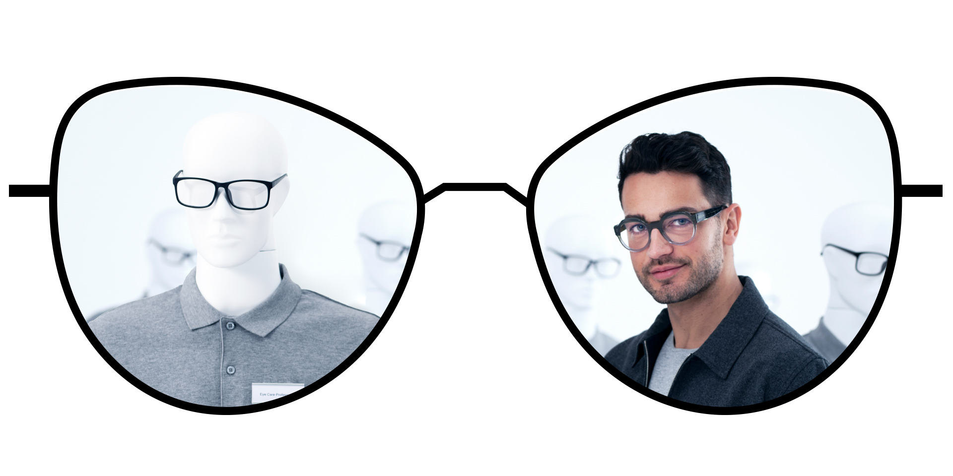 Ilustrácia okuliarov ukazujúca rozmazané zóny štandardných šošoviek single vision v porovnaní s veľkými čírymi zónami šošoviek single vision ZEISS ClearView.