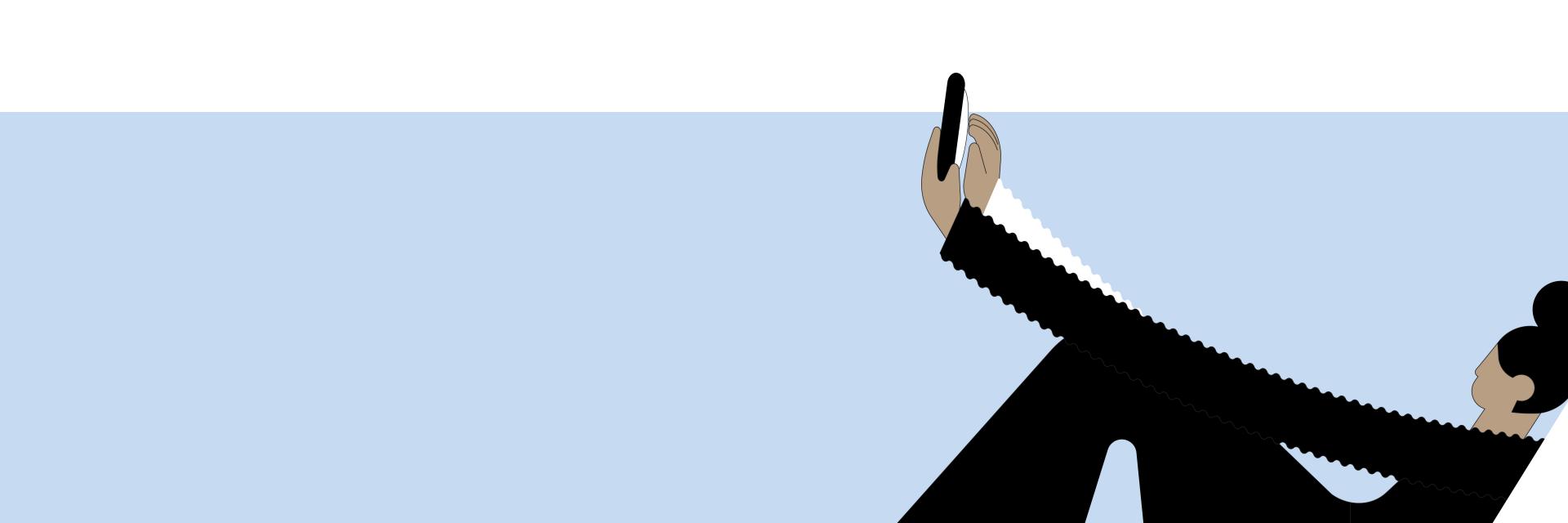 Ilustrácia ženy držiacej smartfón s veľmi dlhými rukami.