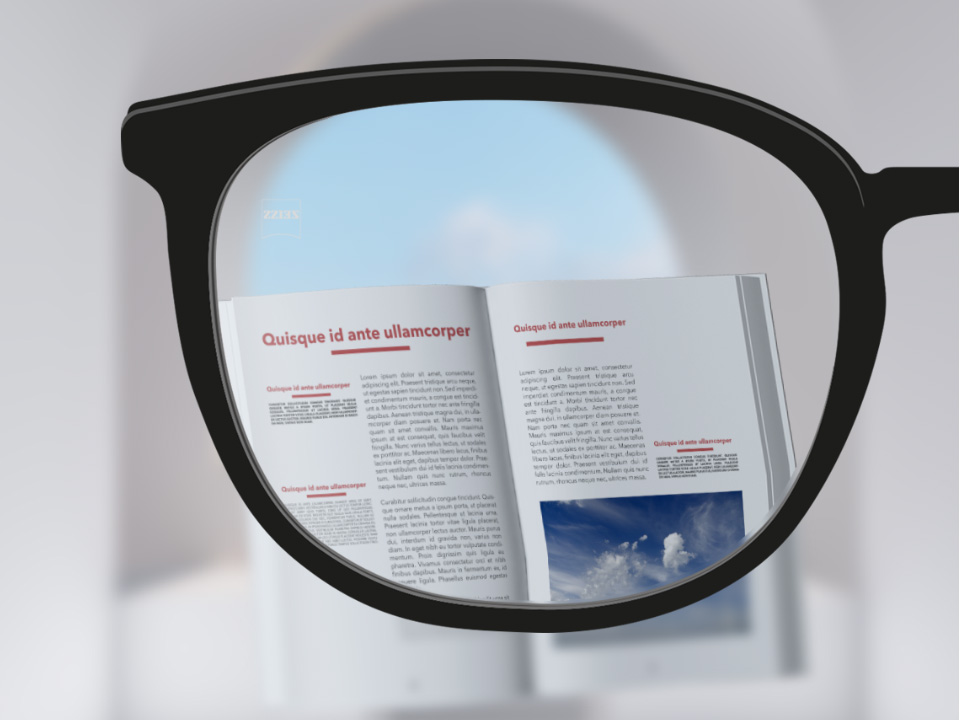  Obrázok zorného uhla so šošovkami ZEISS Single Vision ClearView so zreteľnou knihou a šošovkou, okrem úplného vonkajška šošovky. 