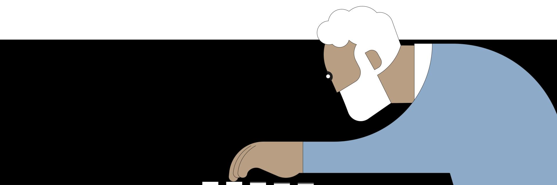 Ilustrácia zrelého muža stláčajúceho tlačidlá, ktoré sú čoraz viac rozmazané, čím bližšie sú k nemu.