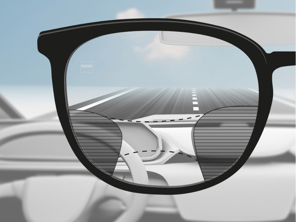 Obrázok zorného uhla vodiča so šošovkami ZEISS Progressive DriveSafe s jasným zrakom na ulici a prístrojovou doskou a s rozmazanými políčkami vľavo a vpravo. 