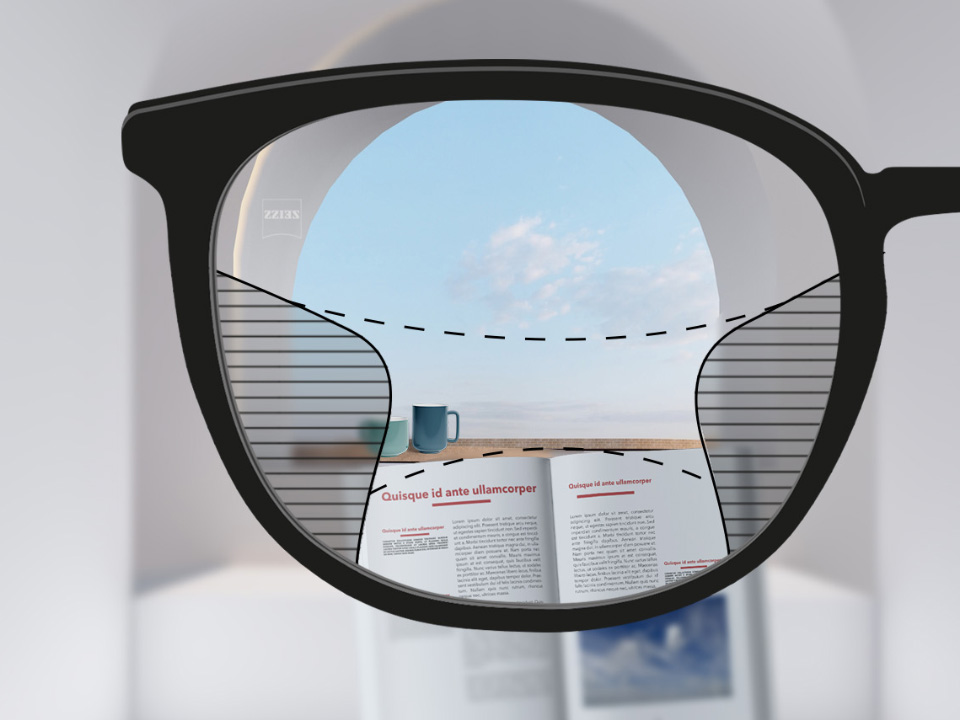 Schematický obrázok zorného uhla so šošovkami ZEISS Progressive Light 2 so stredne širokými zornými poľami nablízko (kniha), do diaľky (obloha) a jemnými prechodmi medzi zónami rozostrenia.
