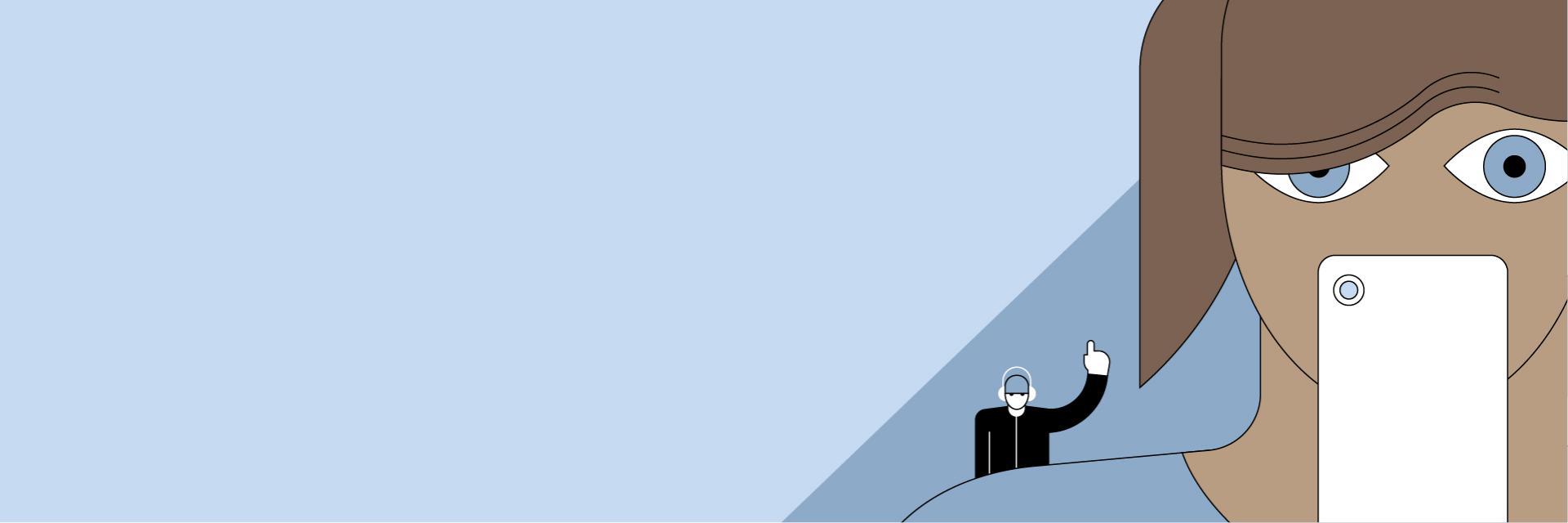 Ilustrácia ženy držiacej si telefón pri tvári a muža so slúchadlami v diaľke, ako zdvíha ukazovák.