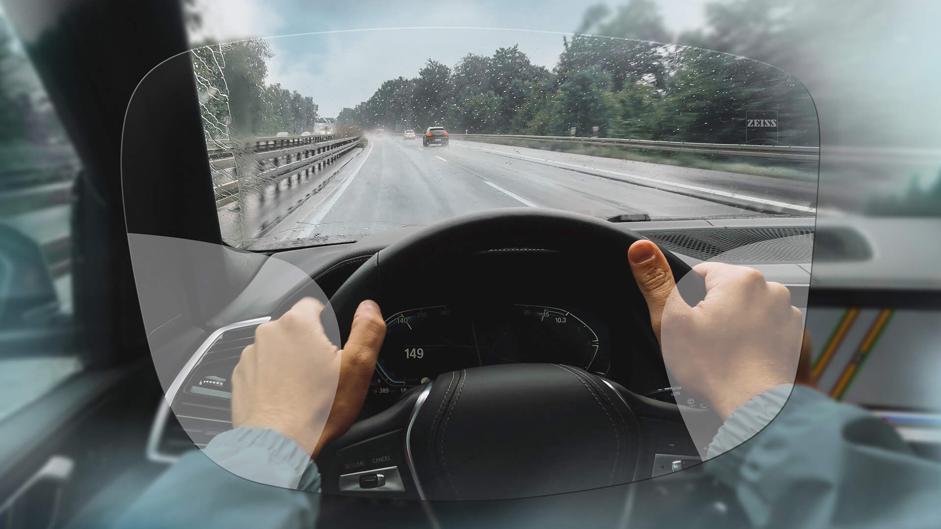 Vizualizácia progresívnych šošoviek ZEISS DriveSafe Individual. Obrázok zobrazuje pohľad cez šošovky. 