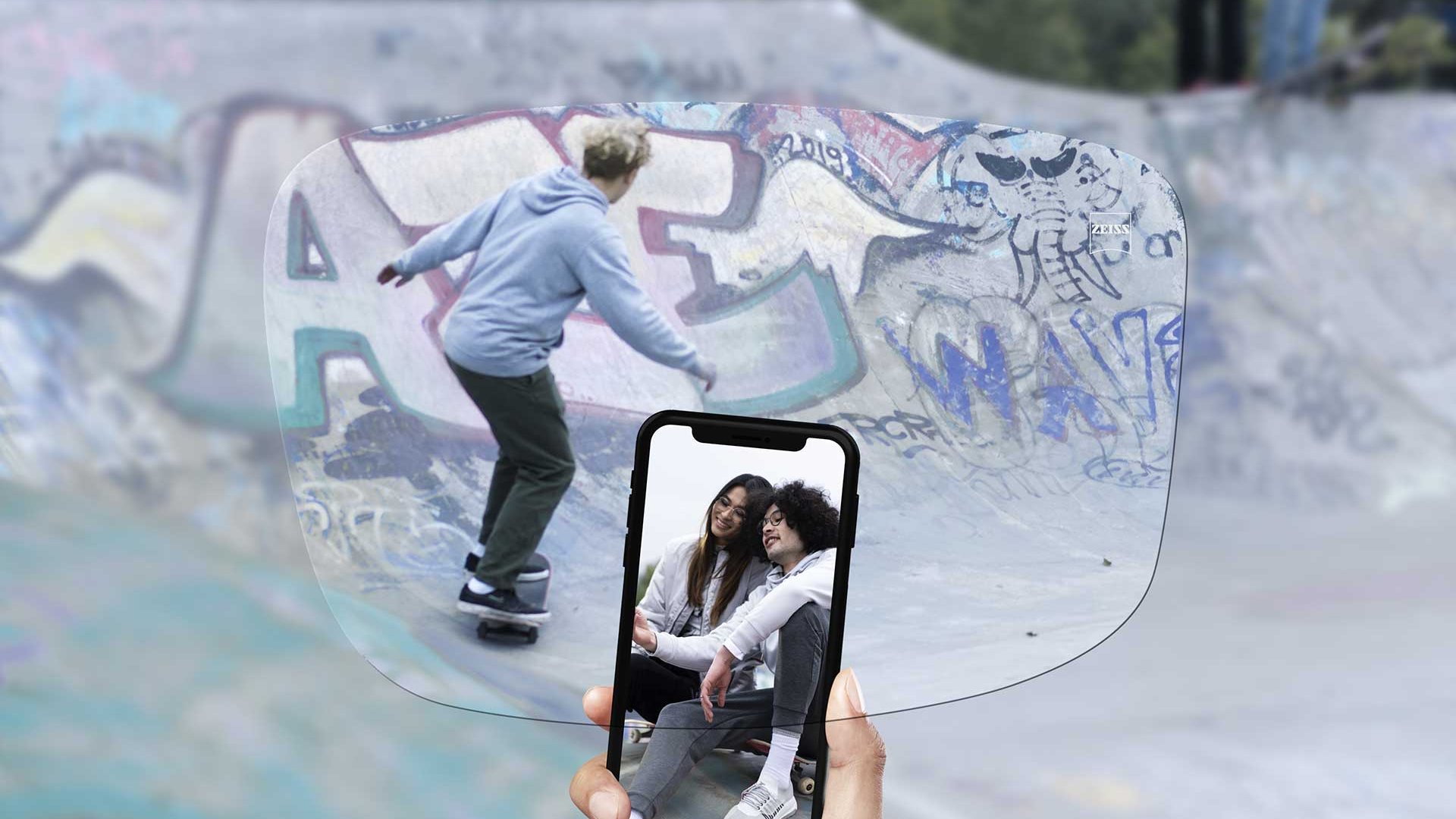 Pohľad na skatepark cez šošovky ZEISS SmartLife Single Vision Individual.