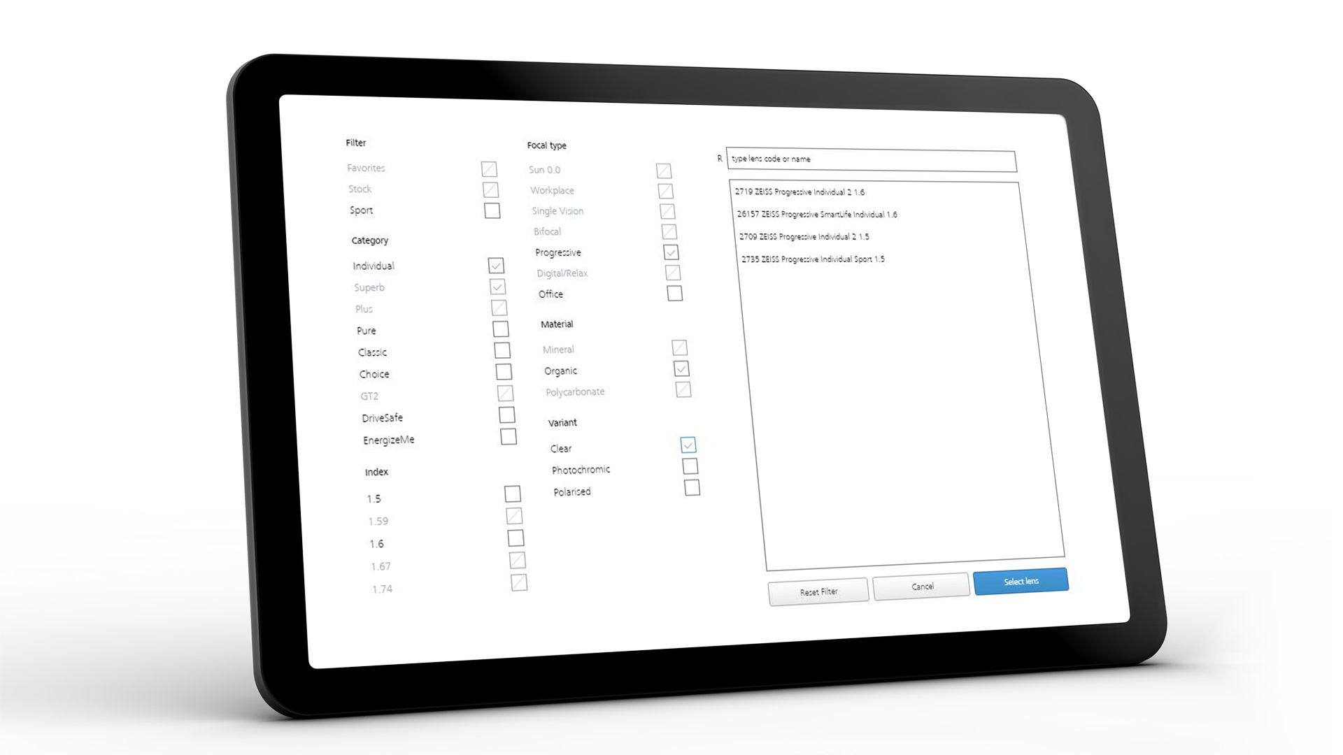 Obrazovka tabletu zobrazujúca rozhranie ZEISS VISUSTORE pre niekoľko pomôcok pri zadávaní  