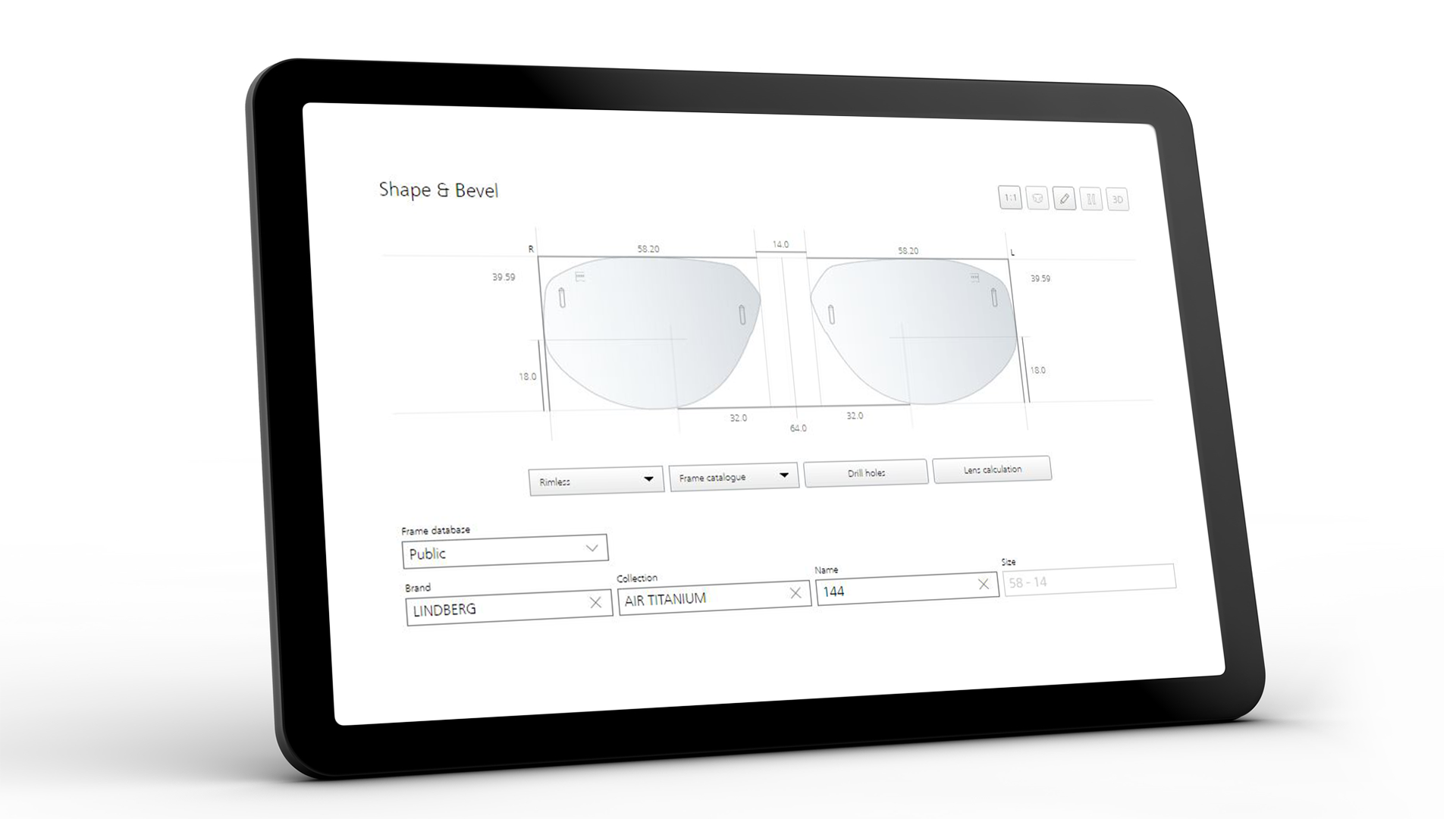 Obrazovka tabletu zobrazujúca rozhranie ZEISS VISUSTORE pre tvar a skosenie 