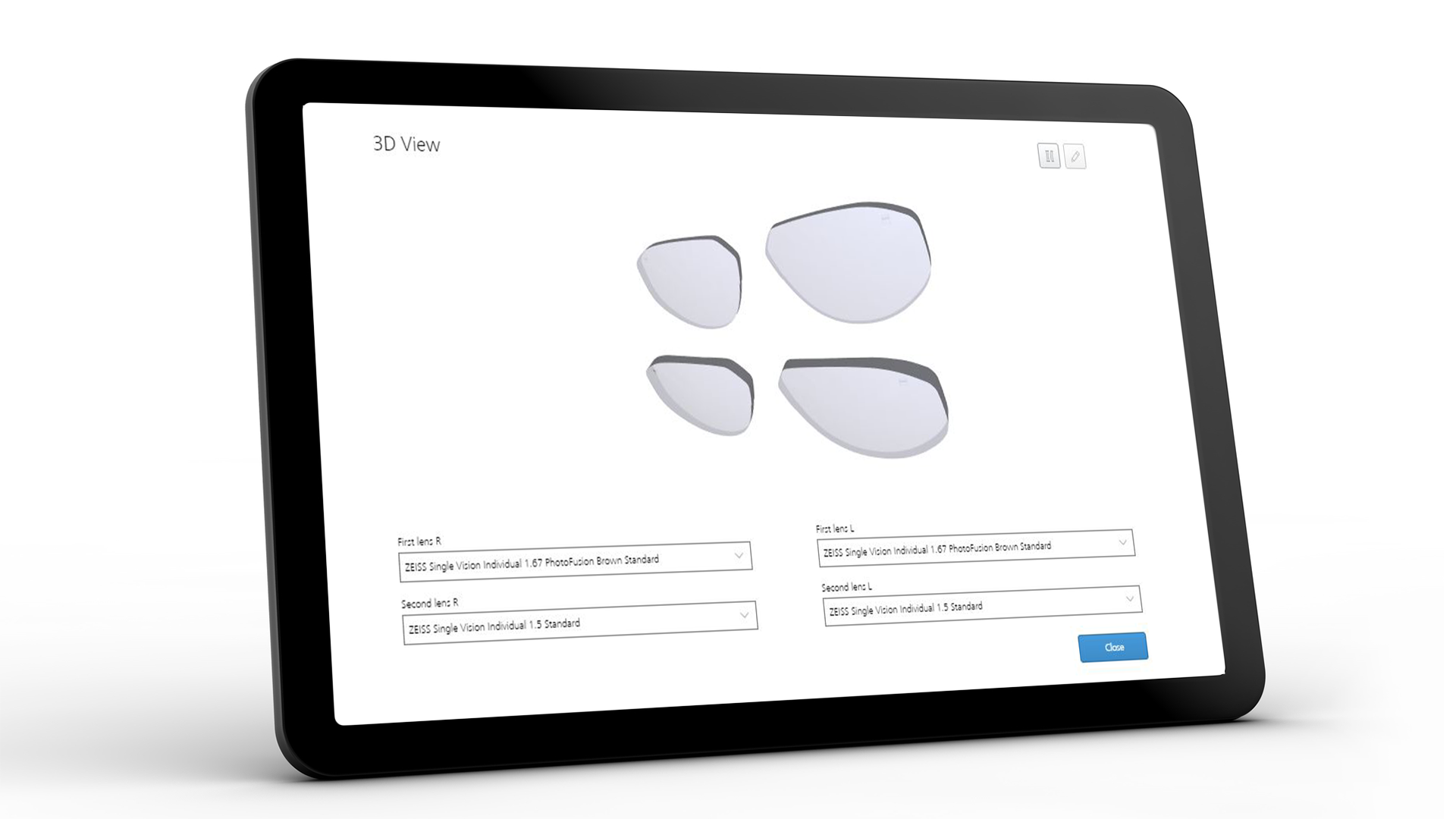 Obrazovka tabletu zobrazujúca rozhranie ZEISS VISUSTORE pre 3D pohľad 