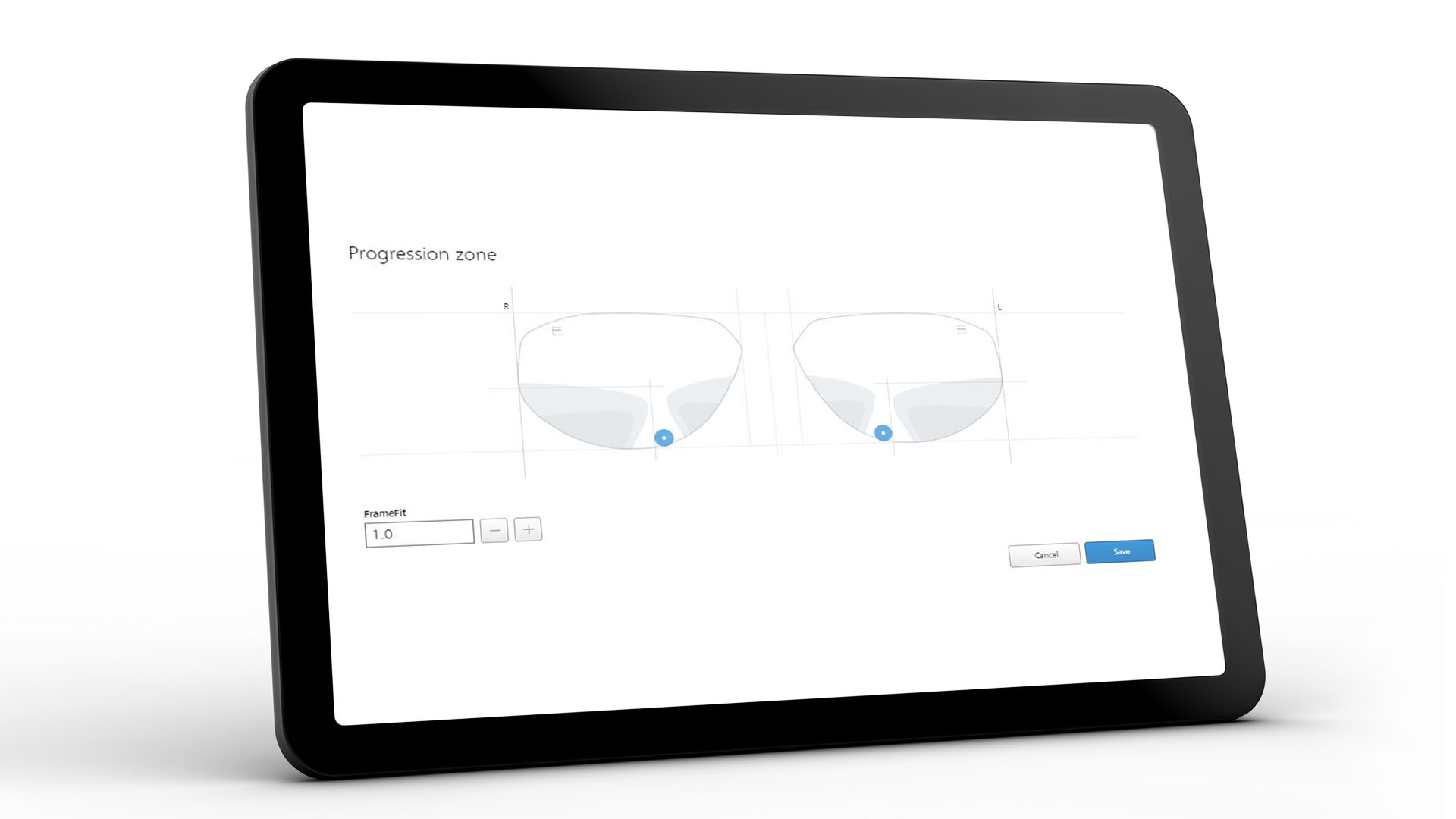 Obrazovka tabletu zobrazujúca rozhranie ZEISS VISUSTORE pre zónu progresie 