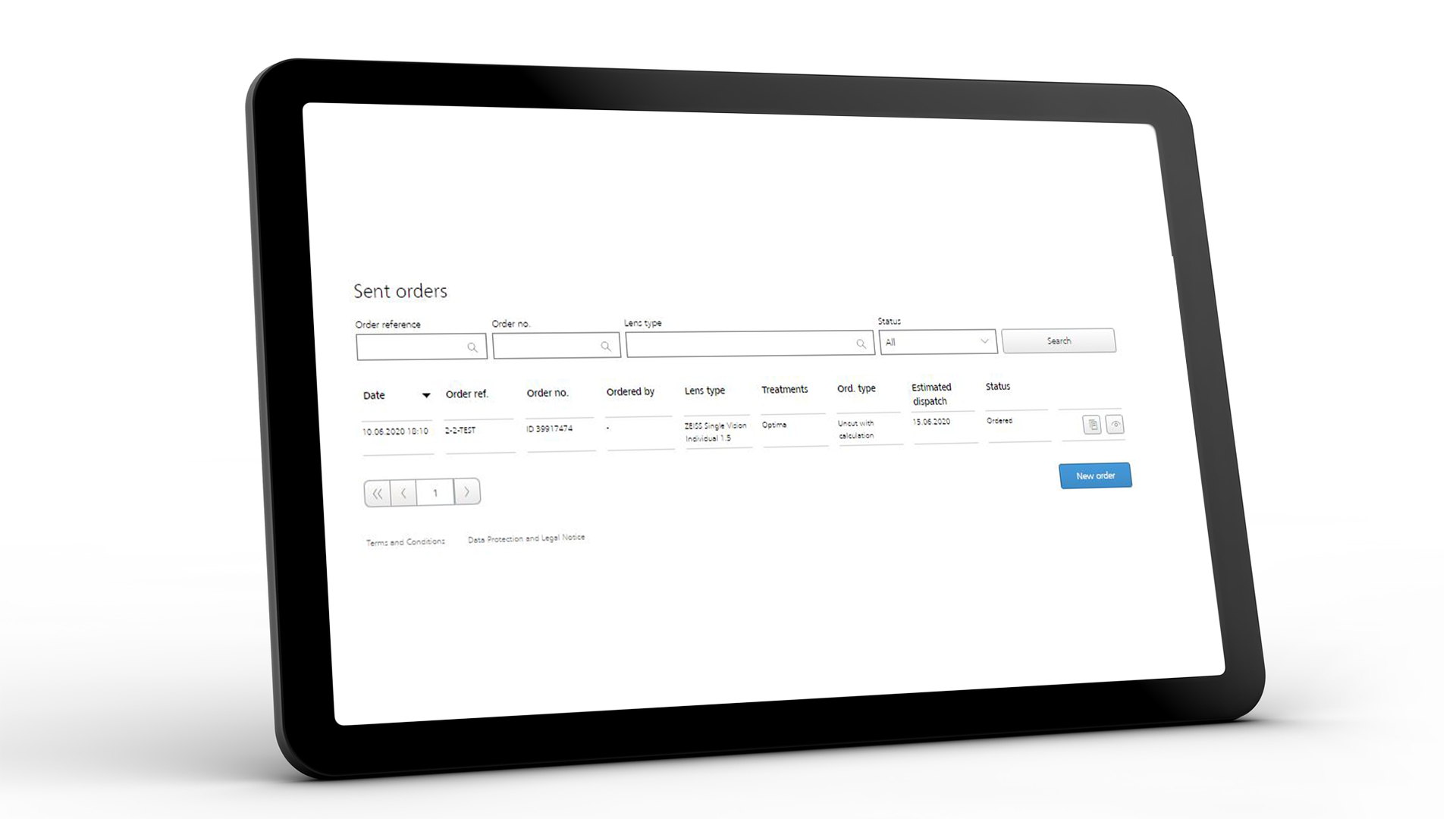 Obrazovka tabletu zobrazujúca rozhranie ZEISS VISUSTORE pre doručené objednávky 