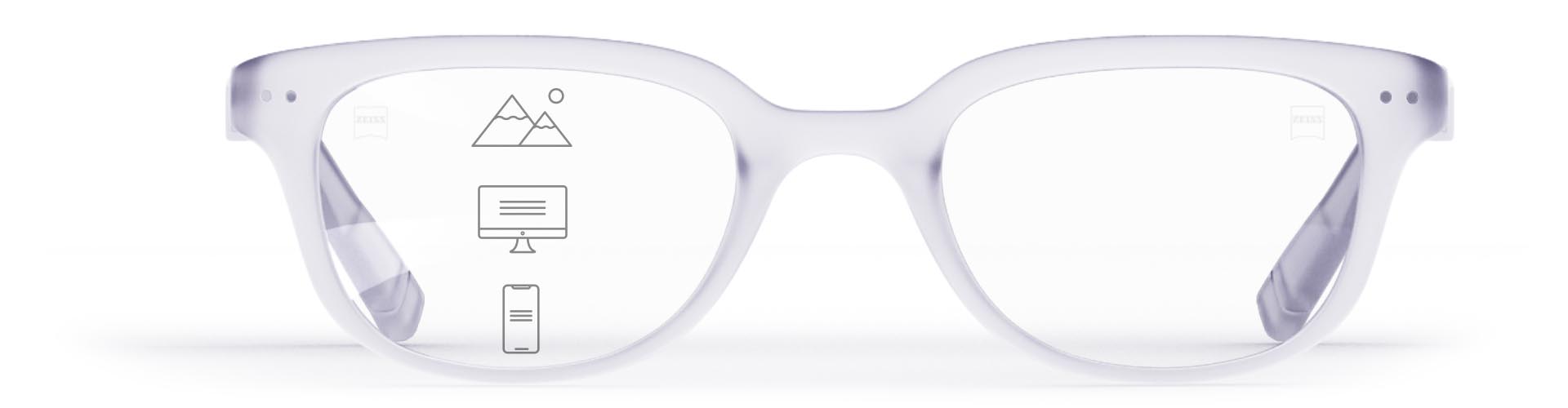 Šošovky ZEISS Progressive SmartLife v štýlovom priehľadnom ráme s ikonami označujúcimi rôzne zóny pozorovania – nablízko, stredná vzdialenosť a do diaľky